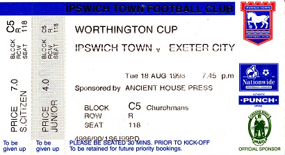 Ipswich versus Exeter match ticket from August 1993