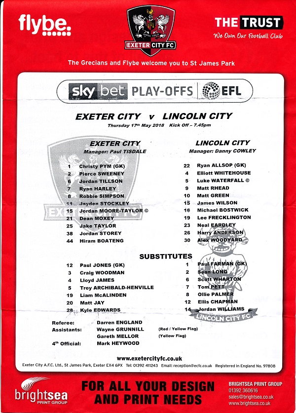 exeter lincoln teamsheet 170518. Play off semi-final